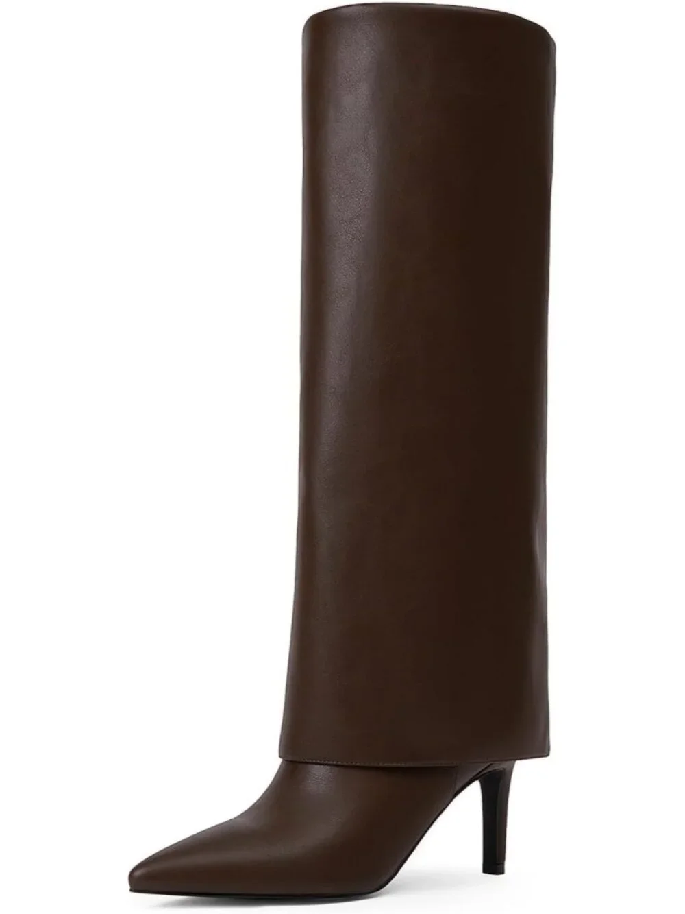 Women's Brown Slouchy Stiletto Heel Pointed Toe Chic Fold Over Knee High Boots